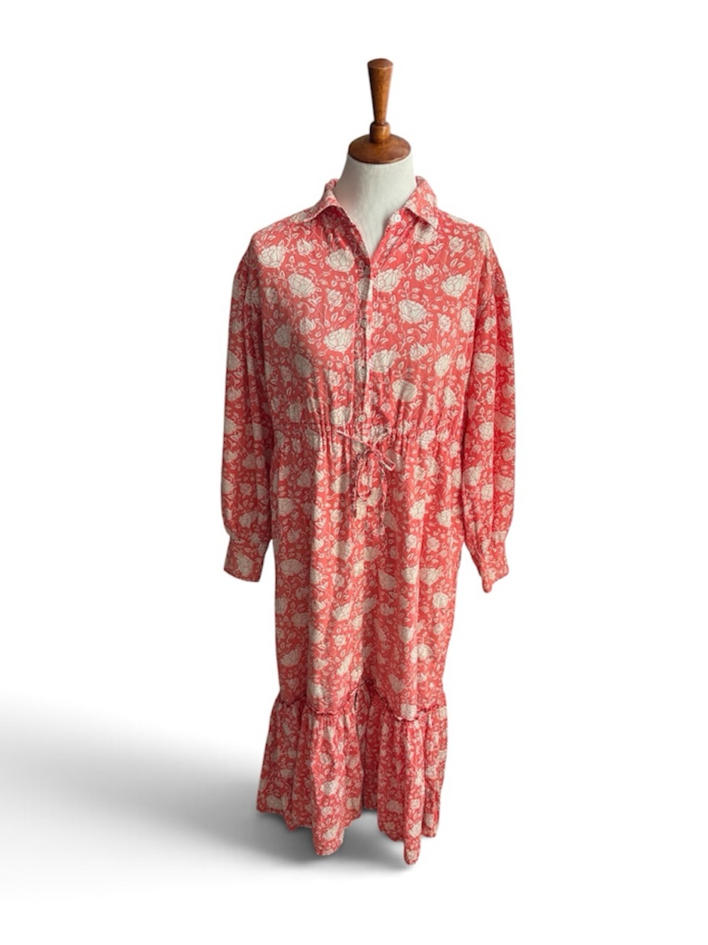 Women's Madison Mathews Size L Coral Floral Long-Sleeve Button Dress with Tie
